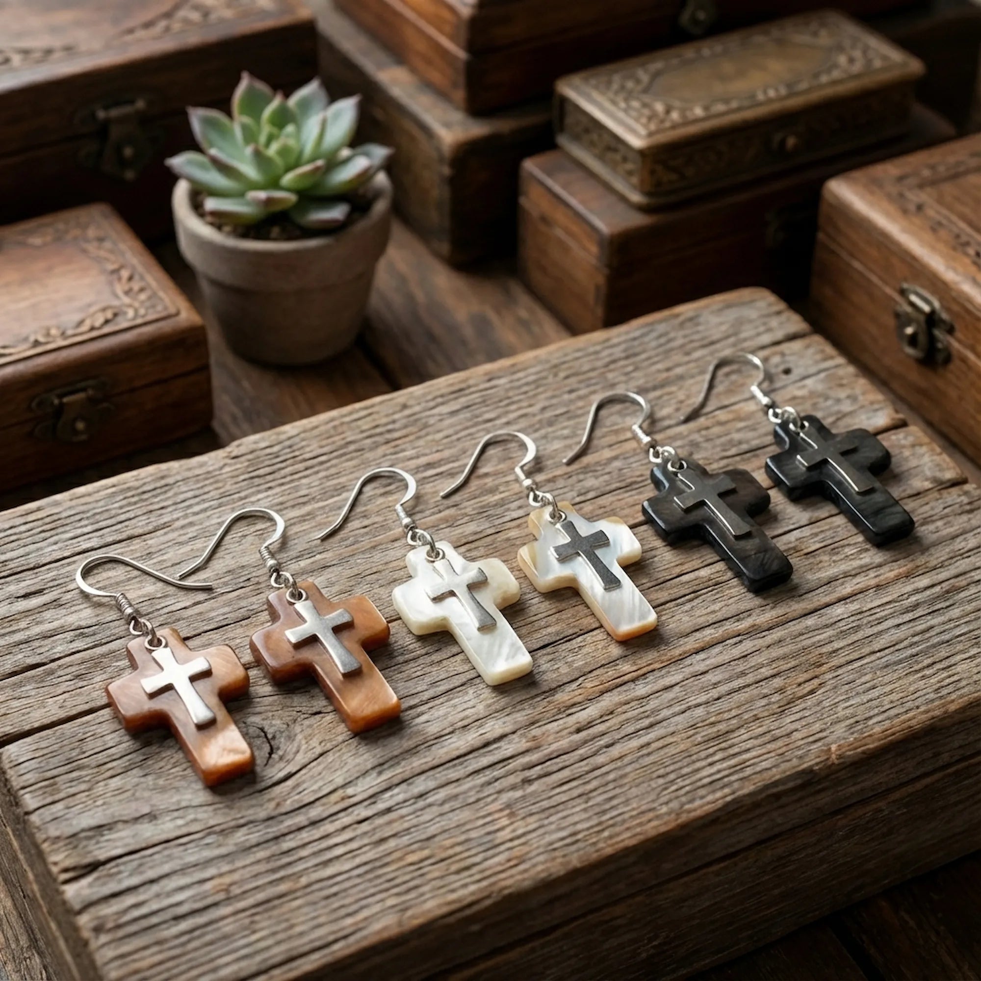  Three natural shell cross earring variants on rustic wood surface — white, black and brown Mother of Pearl with 925 silver crucifix Dubai