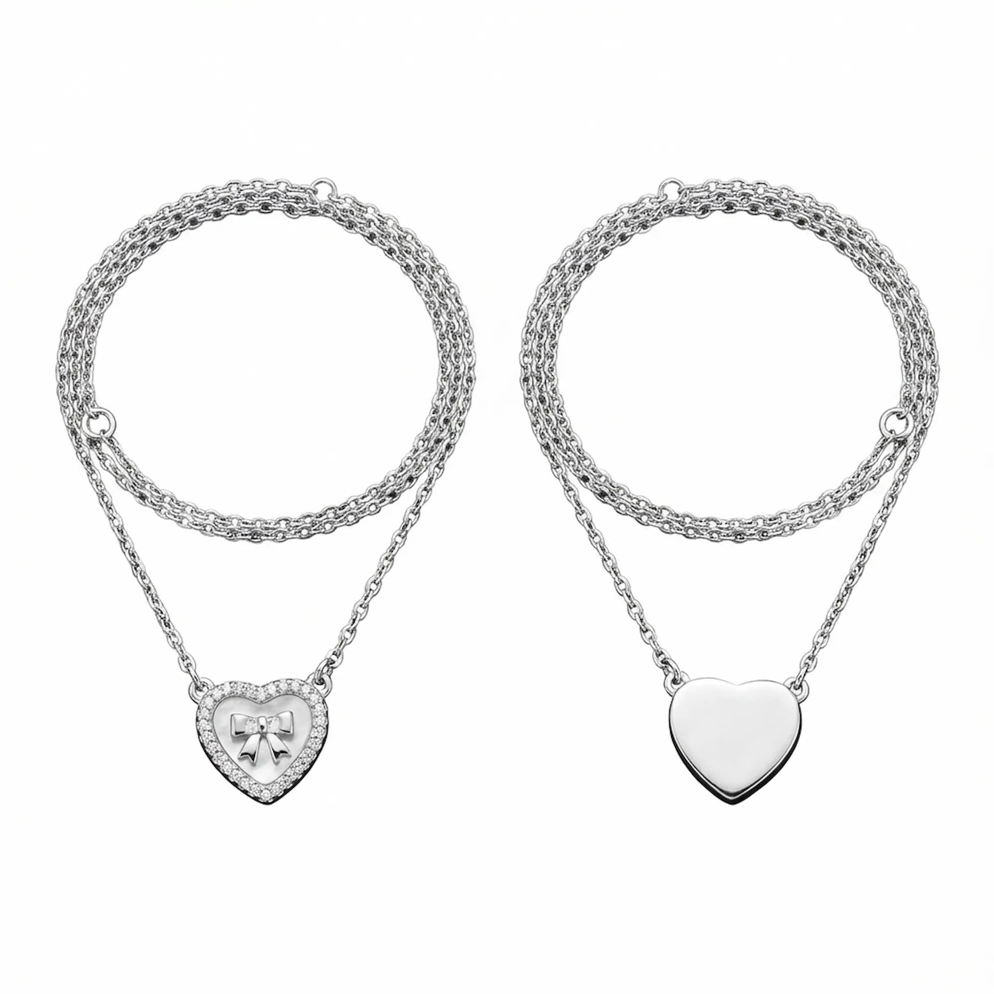 Mother of Pearl heart pendant necklace front and back on white — CZ halo bow detail front, polished silver heart reverse, 925 rhodium silver