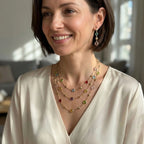 Woman wearing an 18k gold-plated multi-colour layered station necklace and matching linear drop earrings indoors in Dubai.