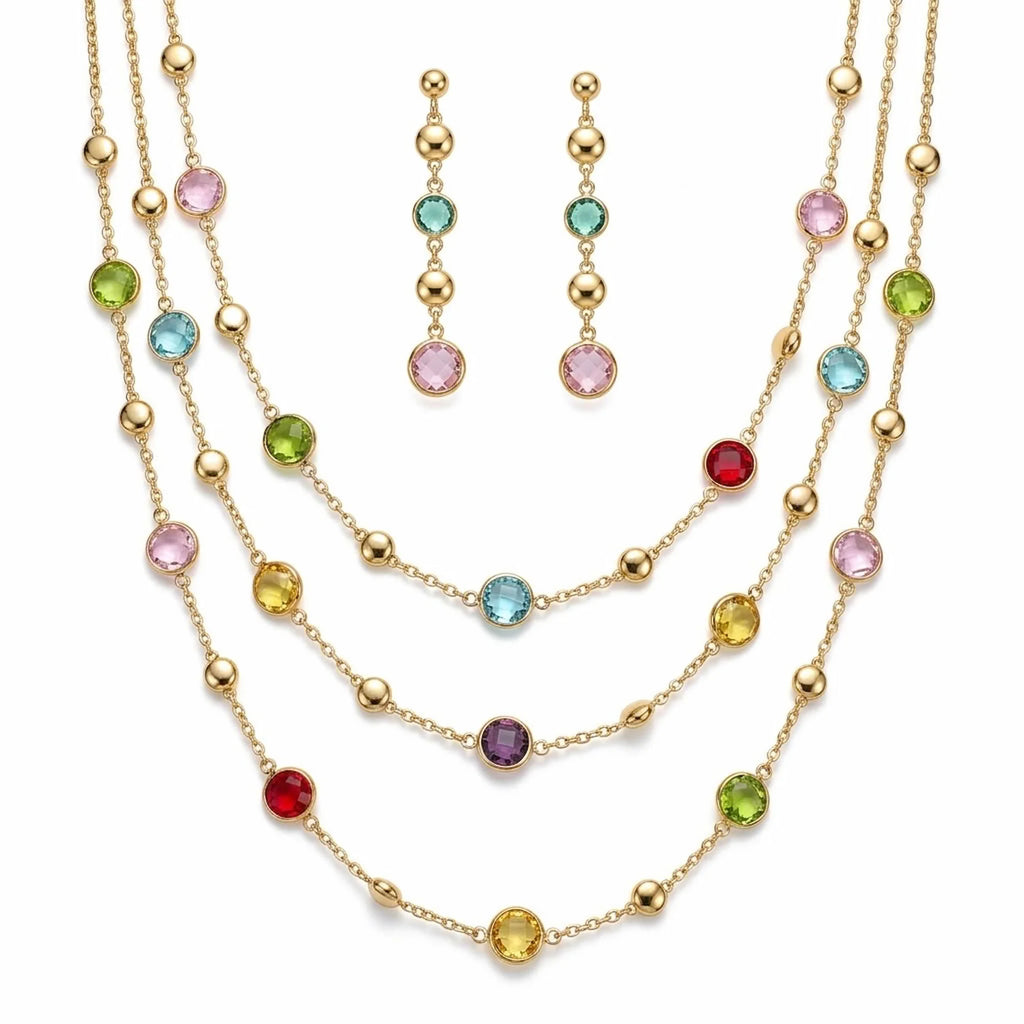 18k gold-plated layered necklace and earrings set with multicolored round stones displayed on a white background in Dubai.