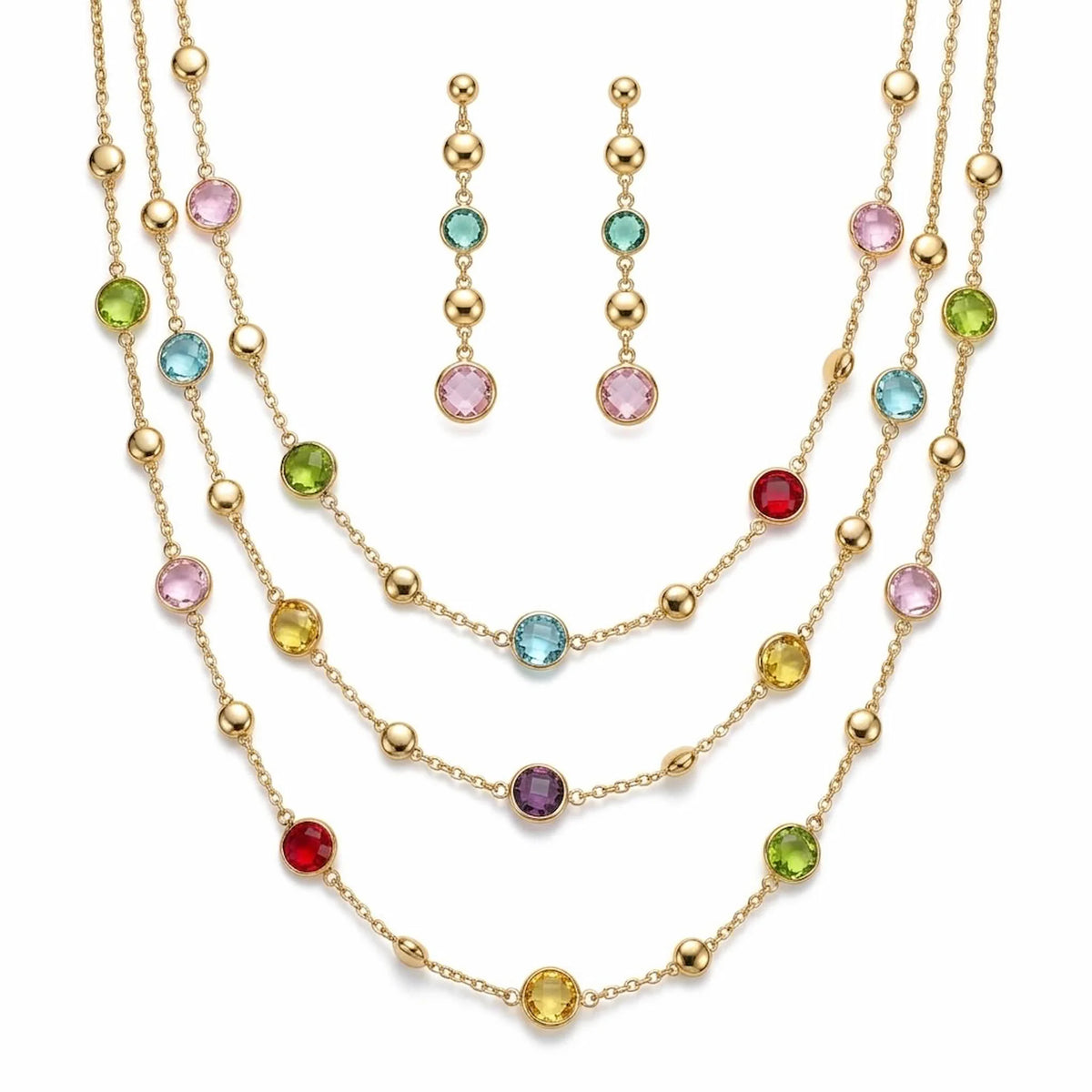 18k gold-plated layered necklace and earrings set with multicolored round stones displayed on a white background in Dubai.