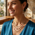 Smiling woman wearing an 18k gold-plated multi-colour stone layered necklace and drop earrings in a sunny room in Dubai.