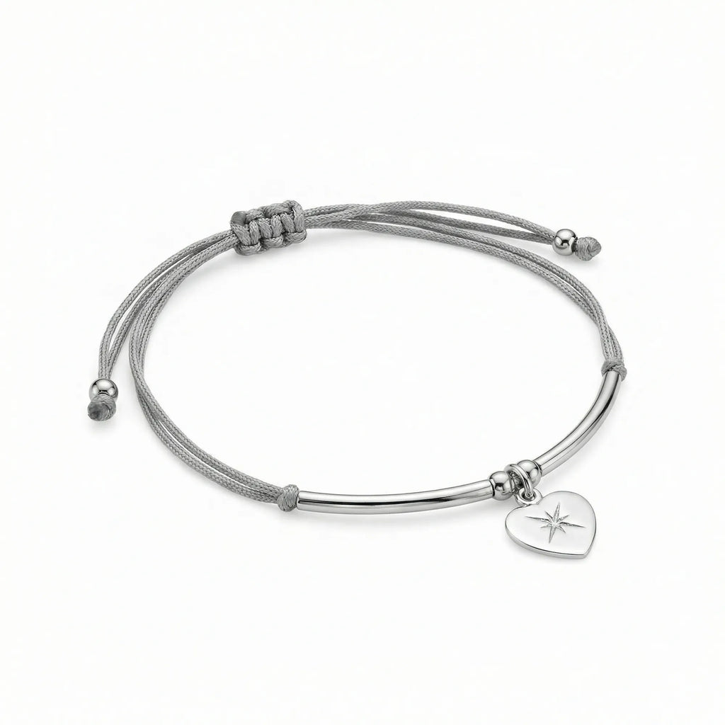 North Star heart bracelet, 925 sterling silver curved bar on grey cord with engraved heart charm, Dubai
