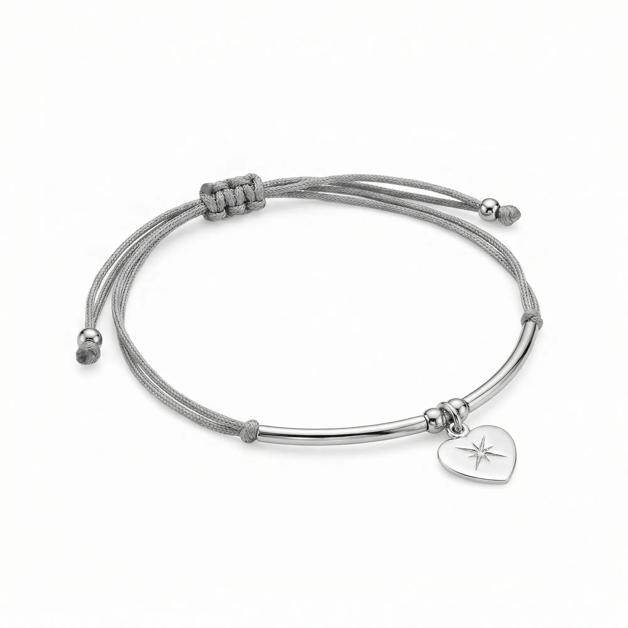 North Star heart bracelet, 925 sterling silver curved bar on grey cord with engraved heart charm, Dubai
