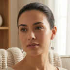 Woman indoors wearing open heart hammered 925 sterling silver long drop earrings in Dubai.