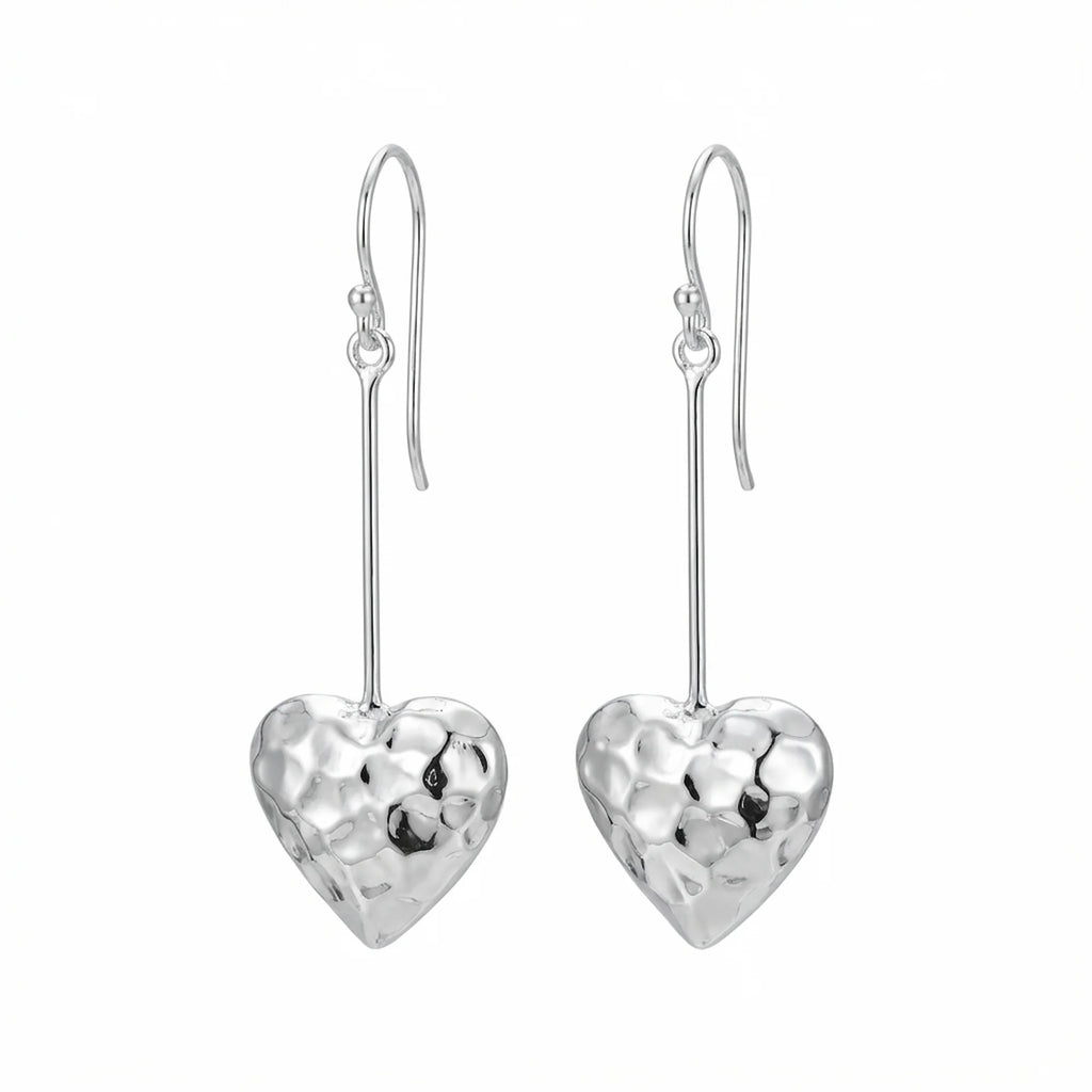 Open heart hammered 925 sterling silver long drop earrings on a white background, available in Dubai.