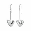 Open heart hammered 925 sterling silver long drop earrings on a white background, available in Dubai.
