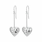 Open heart hammered 925 sterling silver long drop earrings on a white background, available in Dubai.