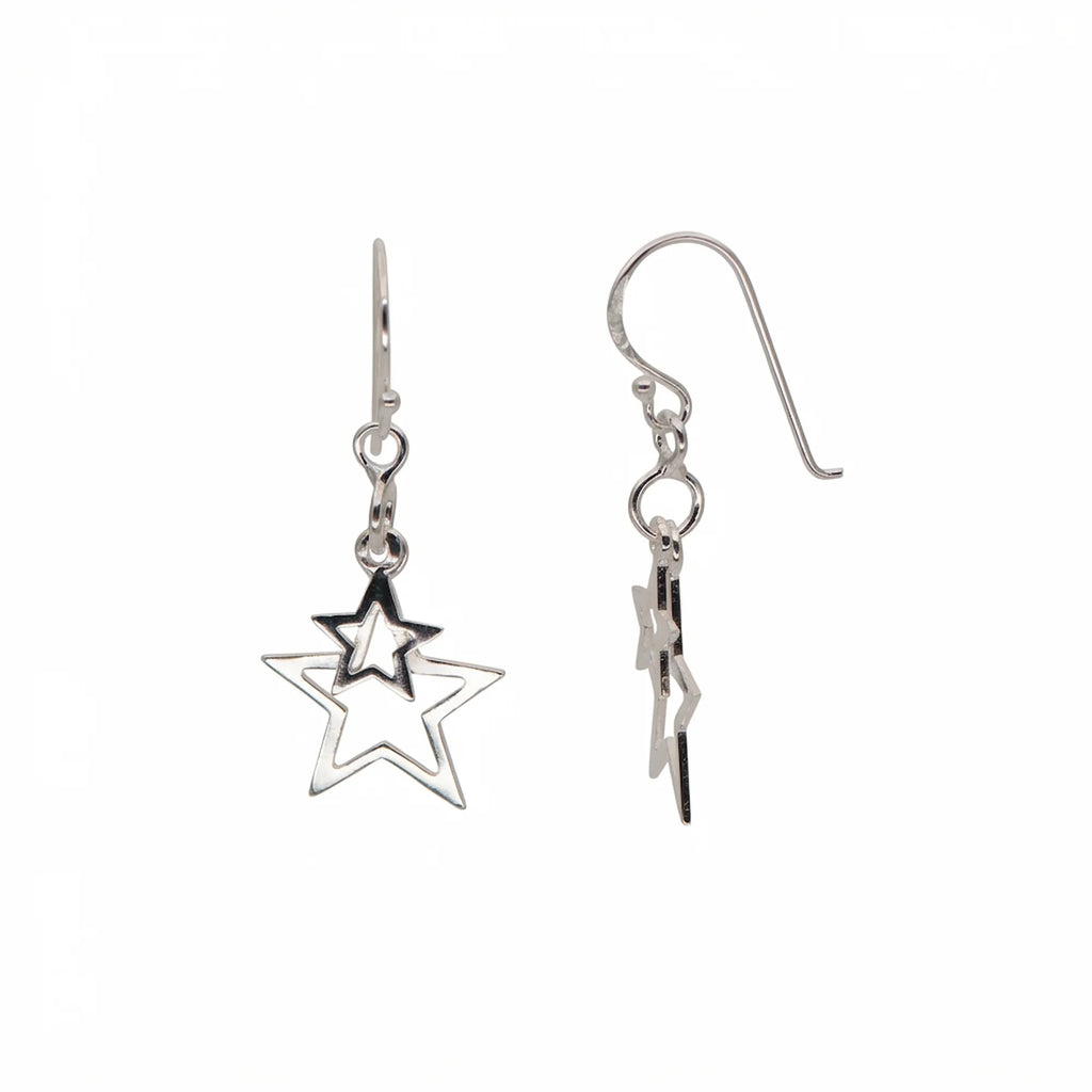 925 sterling silver open-outline double star drop earrings featuring shepherd hooks, available for delivery in Dubai.