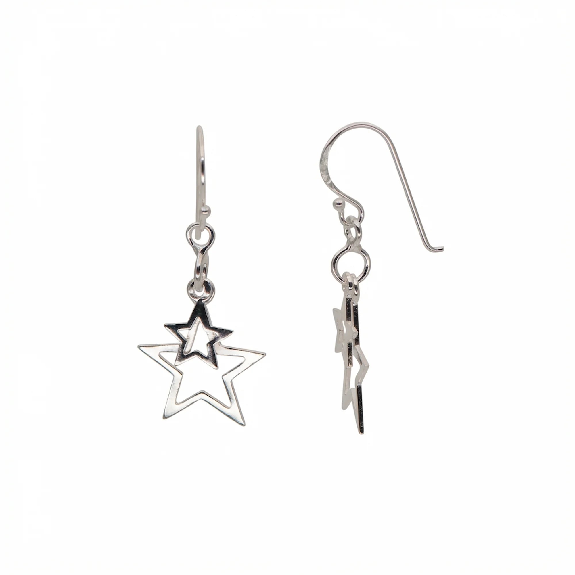 925 sterling silver open-outline double star drop earrings featuring shepherd hooks, available for delivery in Dubai.