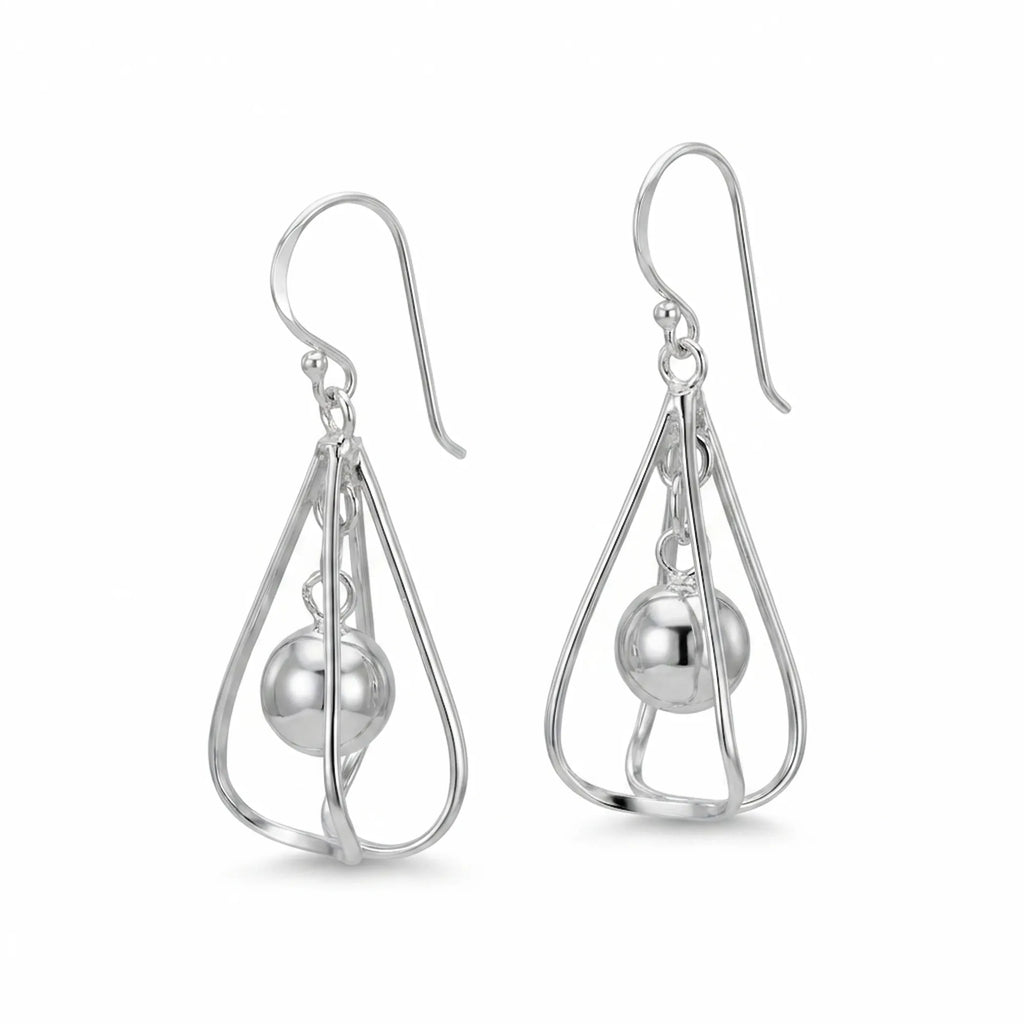 Kinetic orb drop earrings in 925 sterling silver with open wire frame, front and side view on white background