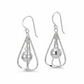 Kinetic orb drop earrings in 925 sterling silver with open wire frame, front and side view on white background