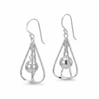 Kinetic orb drop earrings in 925 sterling silver with open wire frame, front and side view on white background