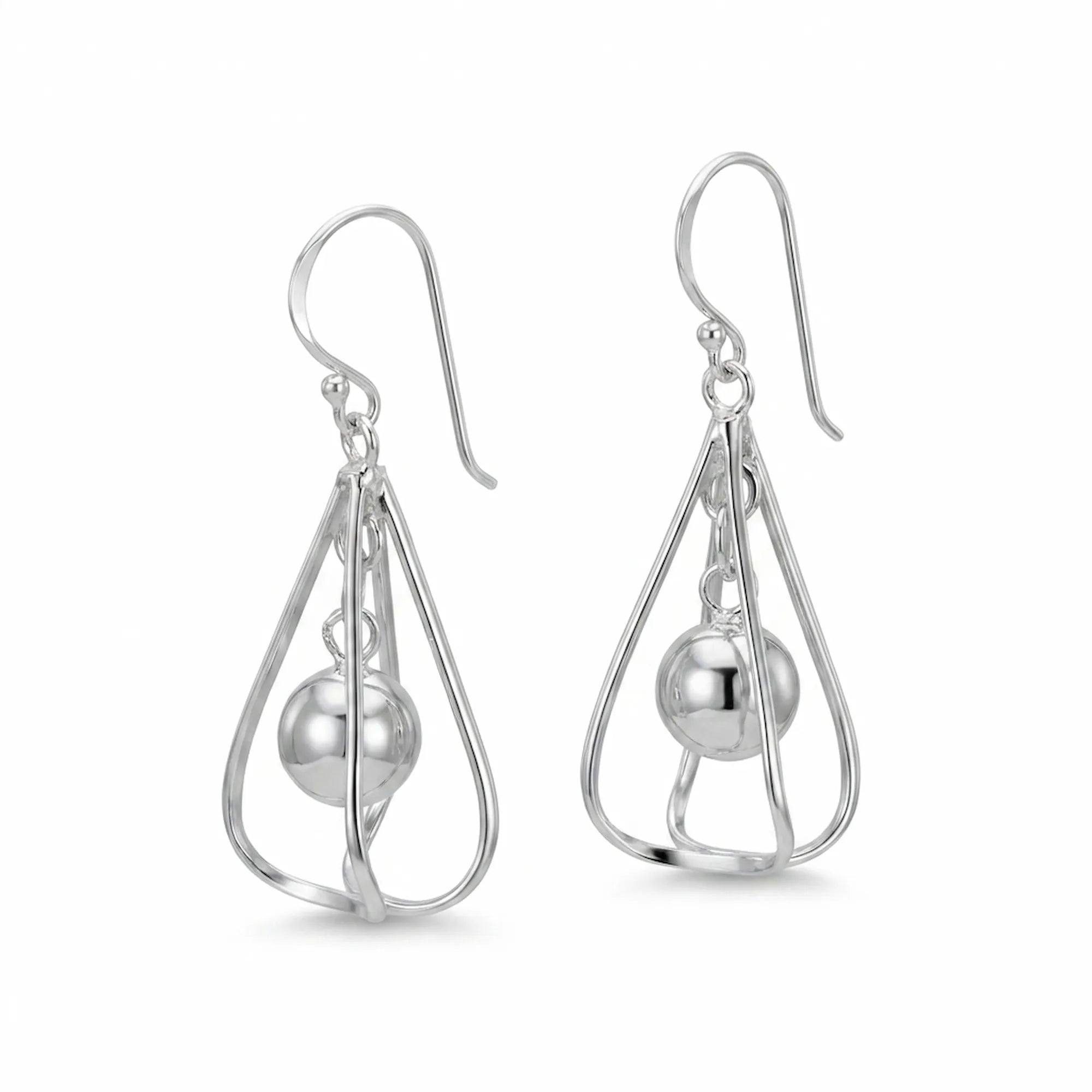 Kinetic orb drop earrings in 925 sterling silver with open wire frame, front and side view on white background