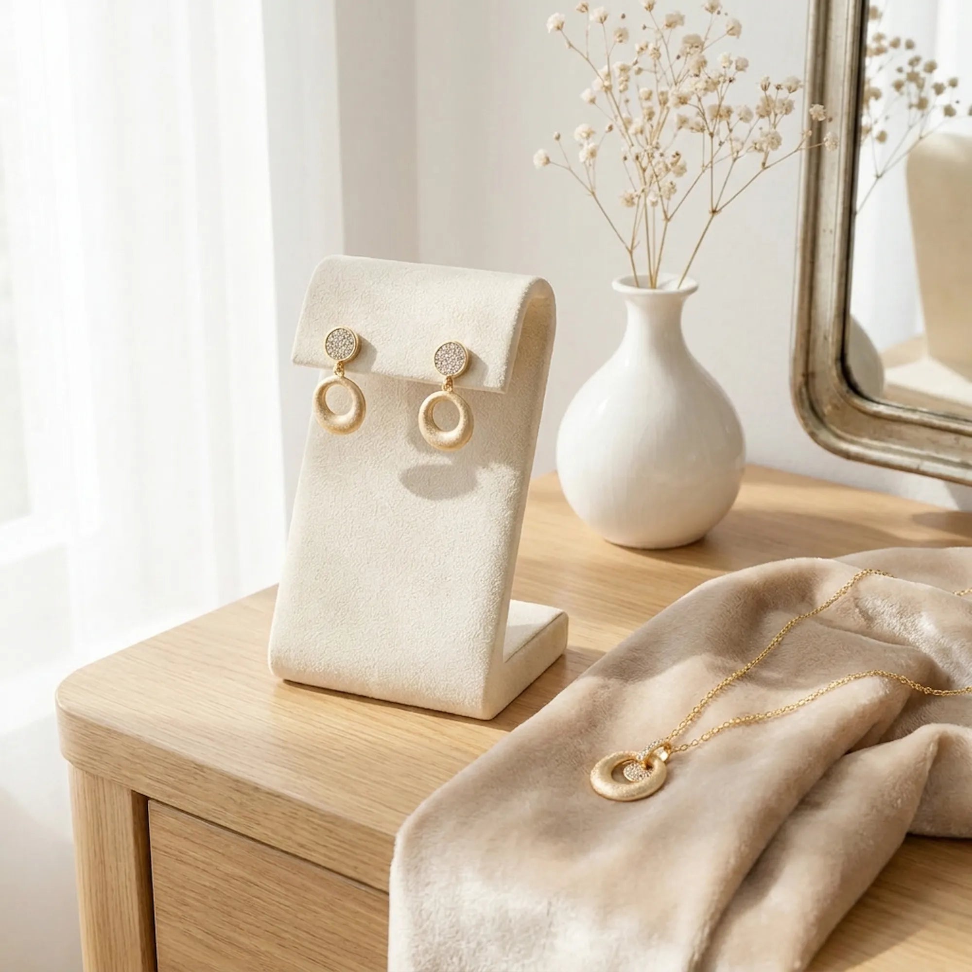 Brushed 18K gold circle drop earrings on cream velvet stand with pendant necklace — gifting context Dubai