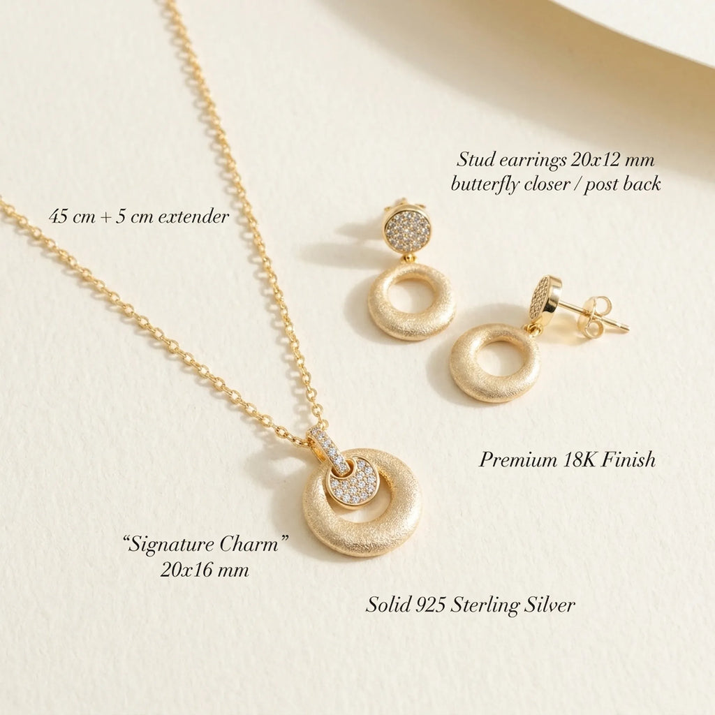 Feature breakdown of orbiting disc pendant earring set — 925 silver, 18K gold finish, dimensions and post-back