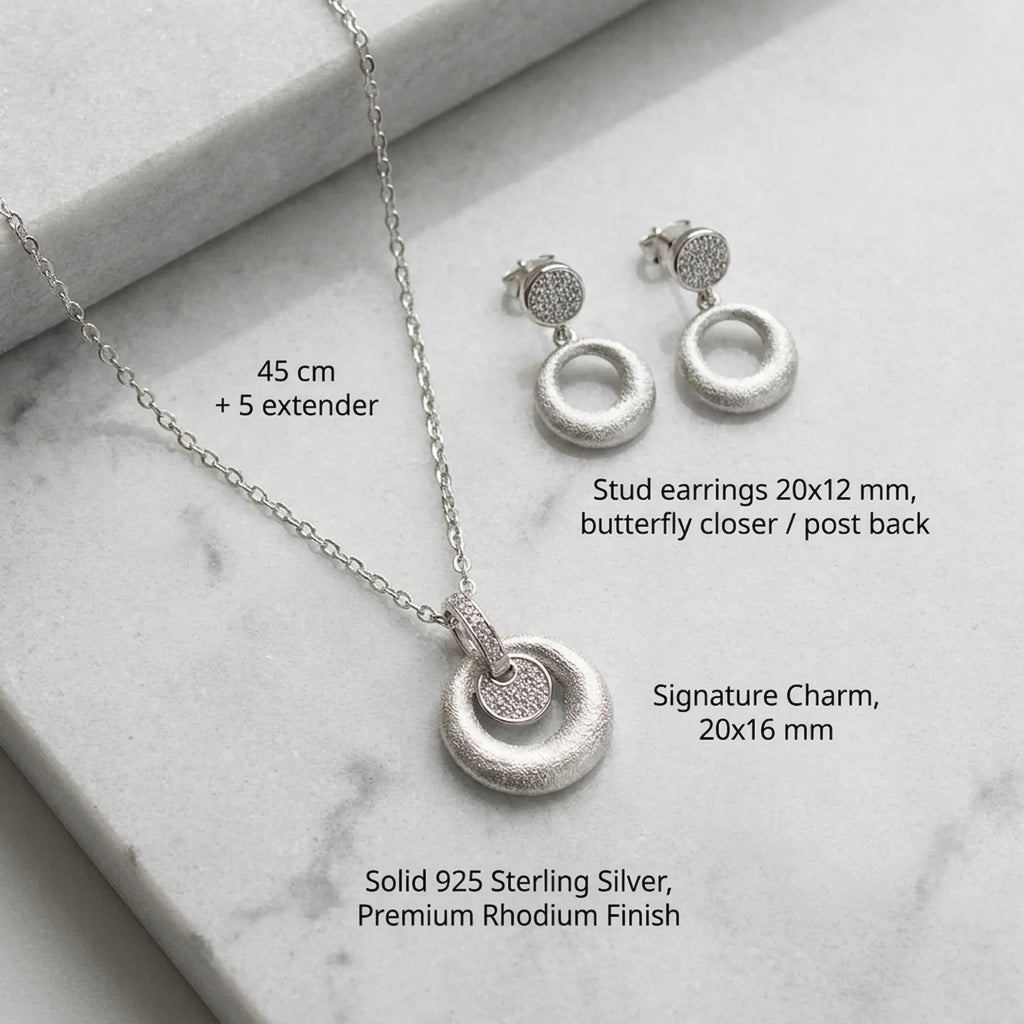 Feature breakdown of rhodium silver disc pendant earring set — 925 silver, dimensions and butterfly closer