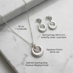Feature breakdown of rhodium silver disc pendant earring set — 925 silver, dimensions and butterfly closer