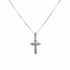 Ornate 925 sterling silver cross necklace with embossed crucifix and Venetian box chain.