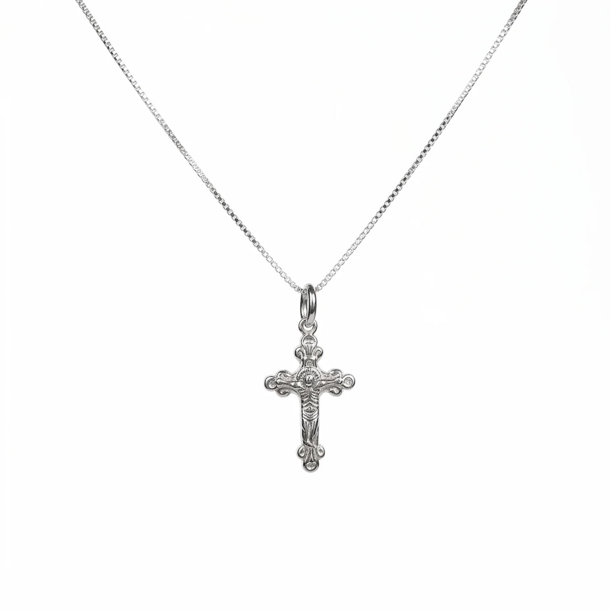 Ornate 925 sterling silver cross necklace with embossed crucifix and Venetian box chain.