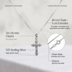 Ornate 925 silver cross necklace showing 34 × 16 mm crucifix and 40 cm Venetian box chain with 5 cm extender.