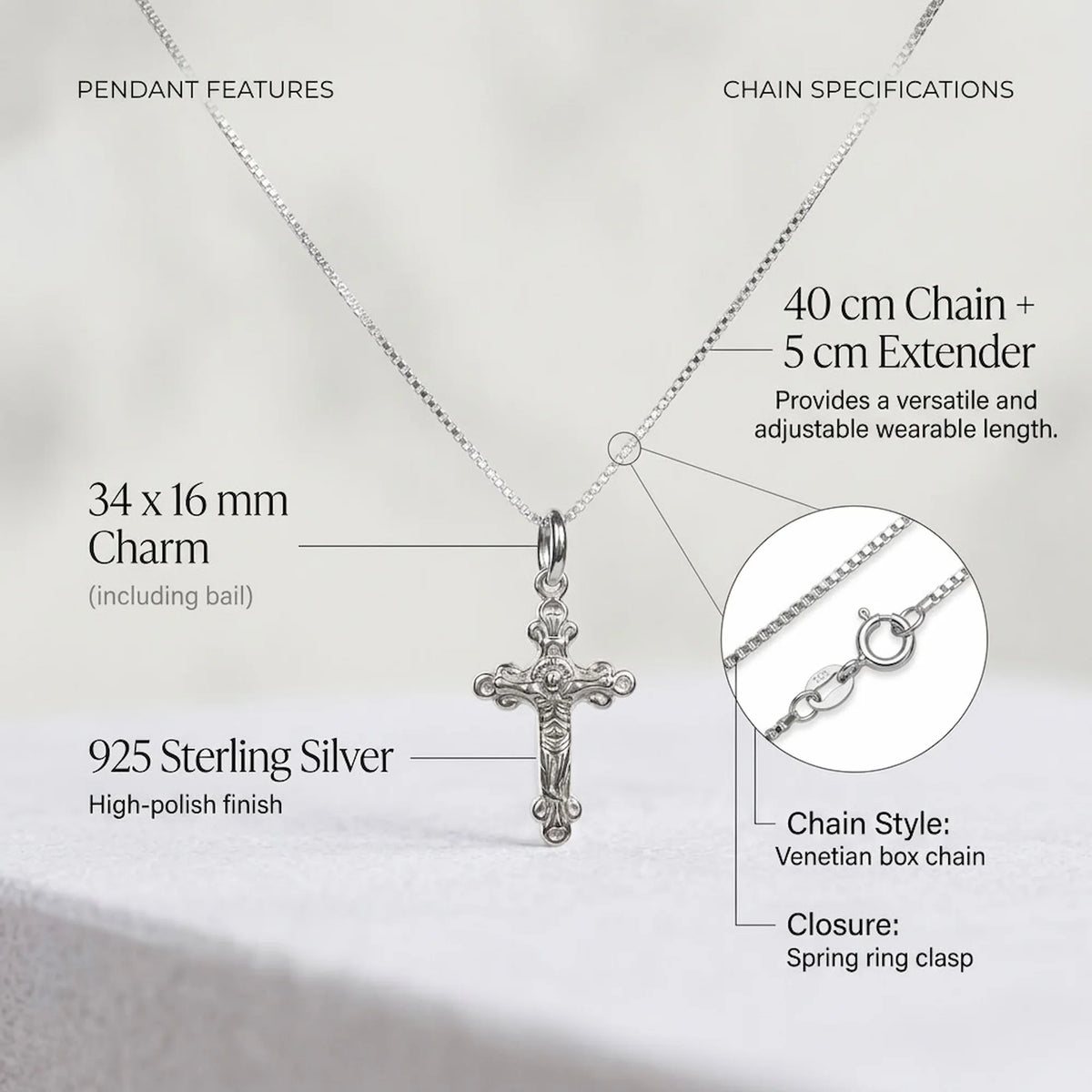 Ornate 925 silver cross necklace showing 34 × 16 mm crucifix and 40 cm Venetian box chain with 5 cm extender.