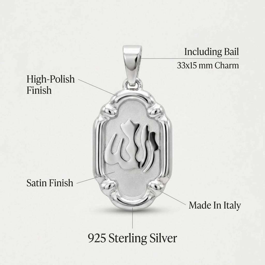 Annotated oval 925 sterling silver Allah pendant showing 33 by 15 mm size, satin centre, polished edges and Italian origin.