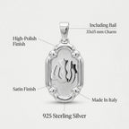 Annotated oval 925 sterling silver Allah pendant showing 33 by 15 mm size, satin centre, polished edges and Italian origin.