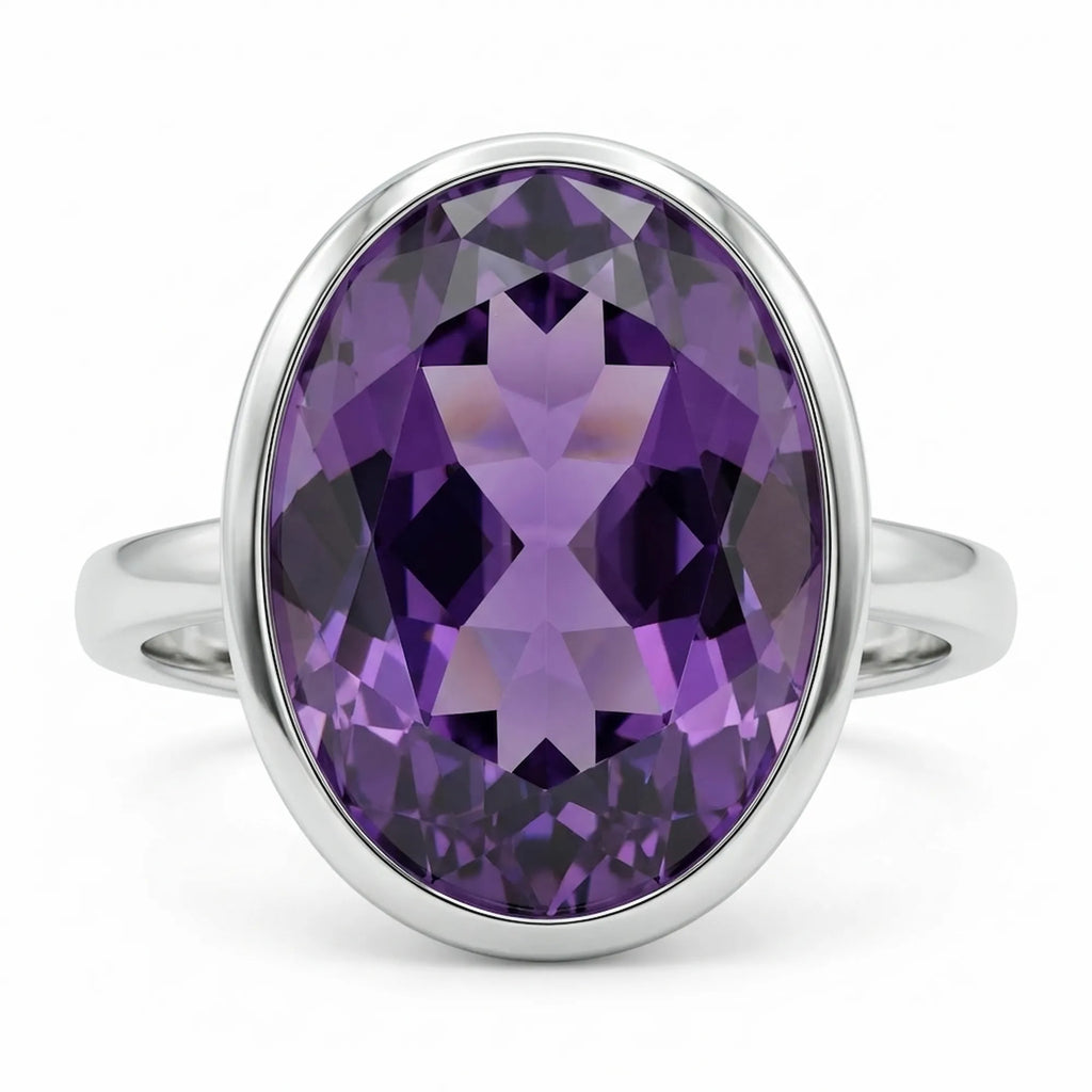 Macro close-up of a deep purple oval cut amethyst highlighting its internal faceting and the seamless silver bezel edge.