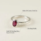 infographic of 925 silver ring features including oval bezel setting flat profile and stackable design