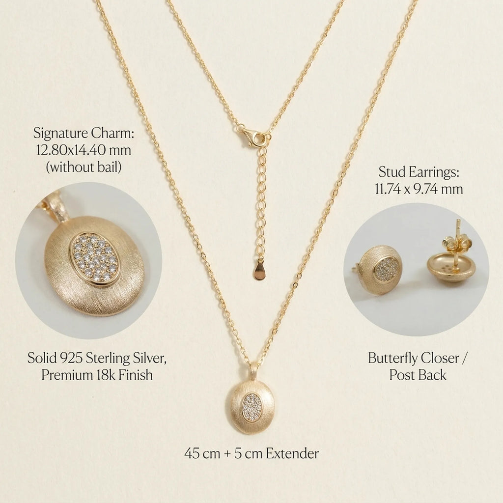 Feature breakdown of oval pendant earring set — 925 silver, 18K gold finish, dimensions and butterfly closer