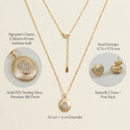 Feature breakdown of oval pendant earring set — 925 silver, 18K gold finish, dimensions and butterfly closer