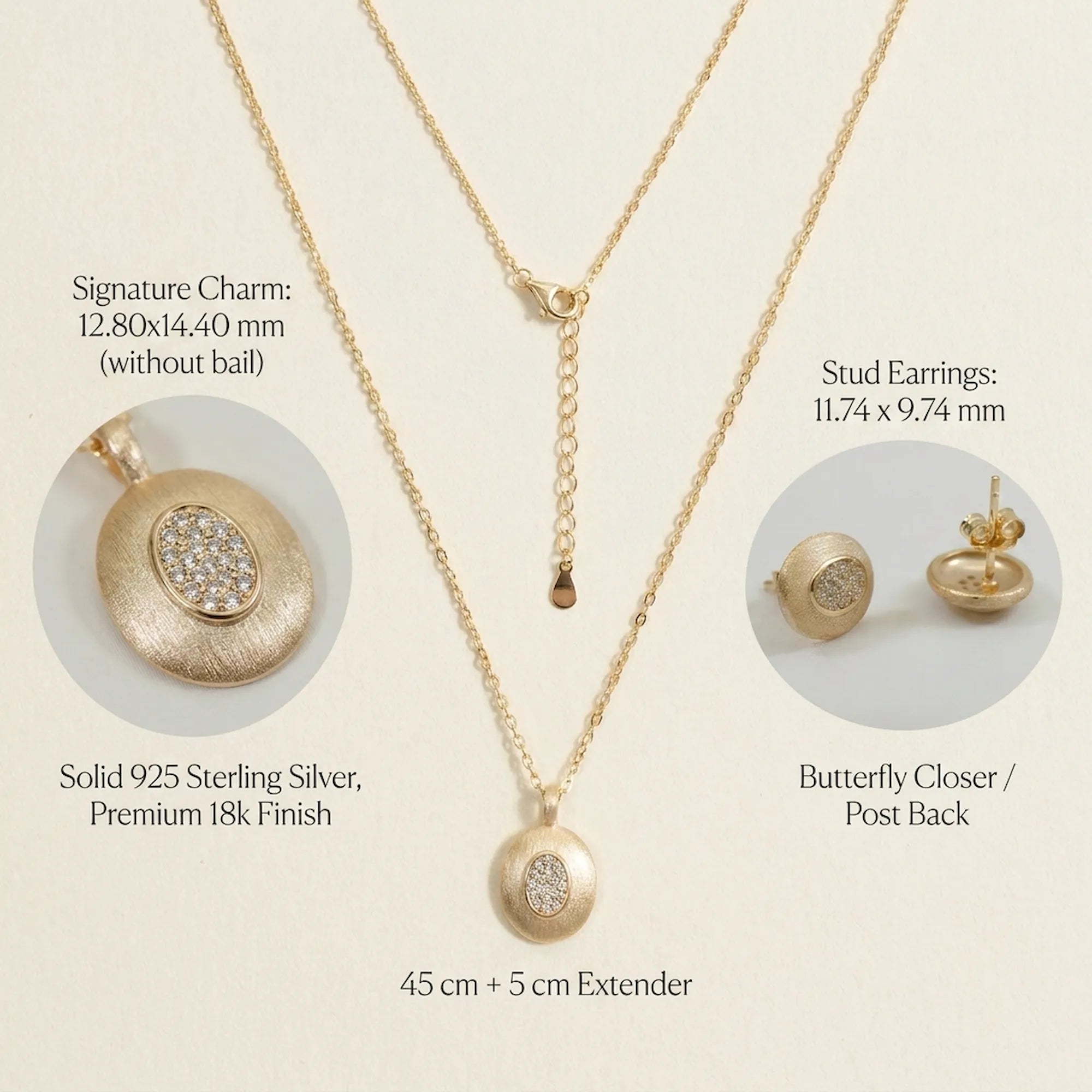 Feature breakdown of oval pendant earring set — 925 silver, 18K gold finish, dimensions and butterfly closer