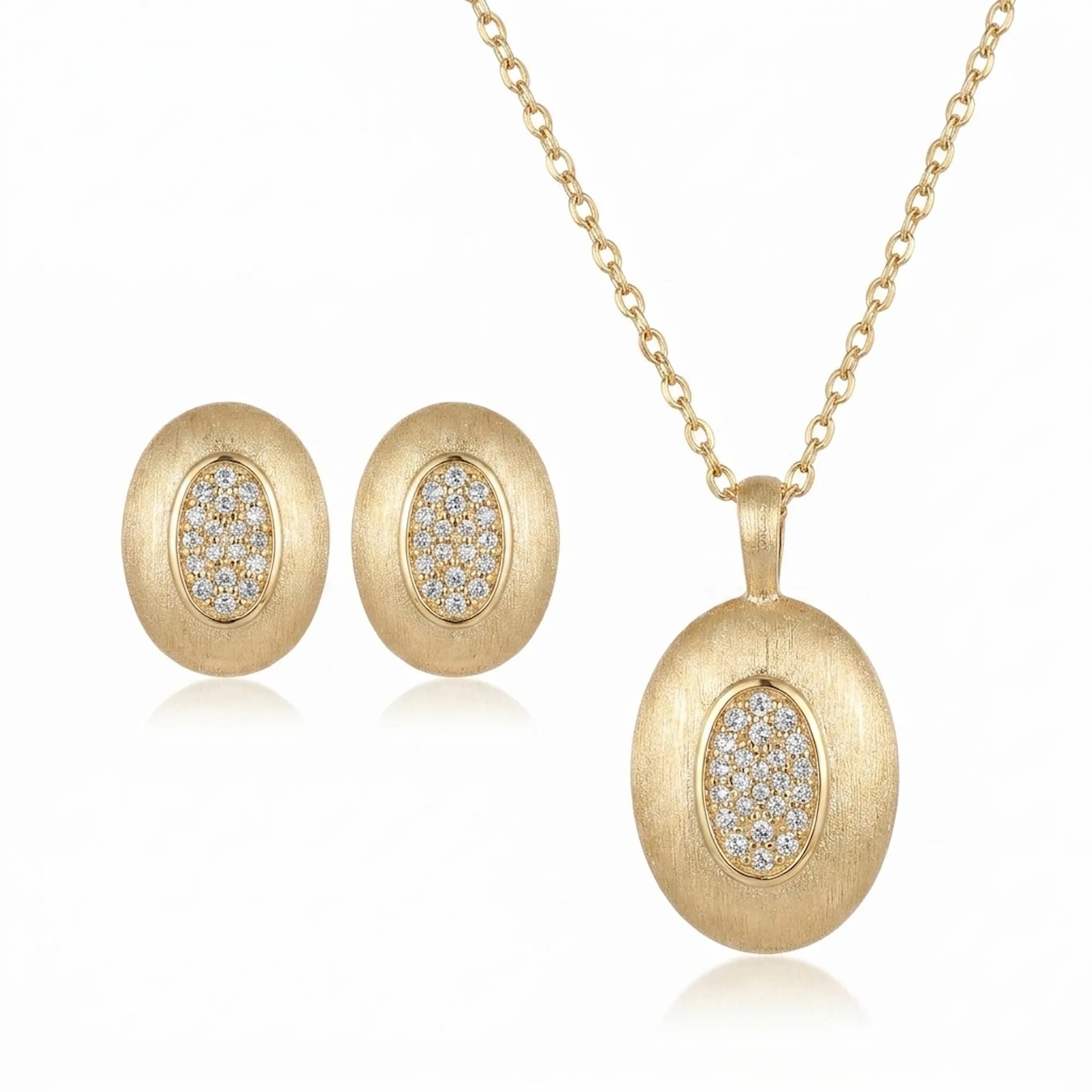 Brushed 18K gold oval pendant necklace and matching stud earrings set in 925 sterling silver — white background