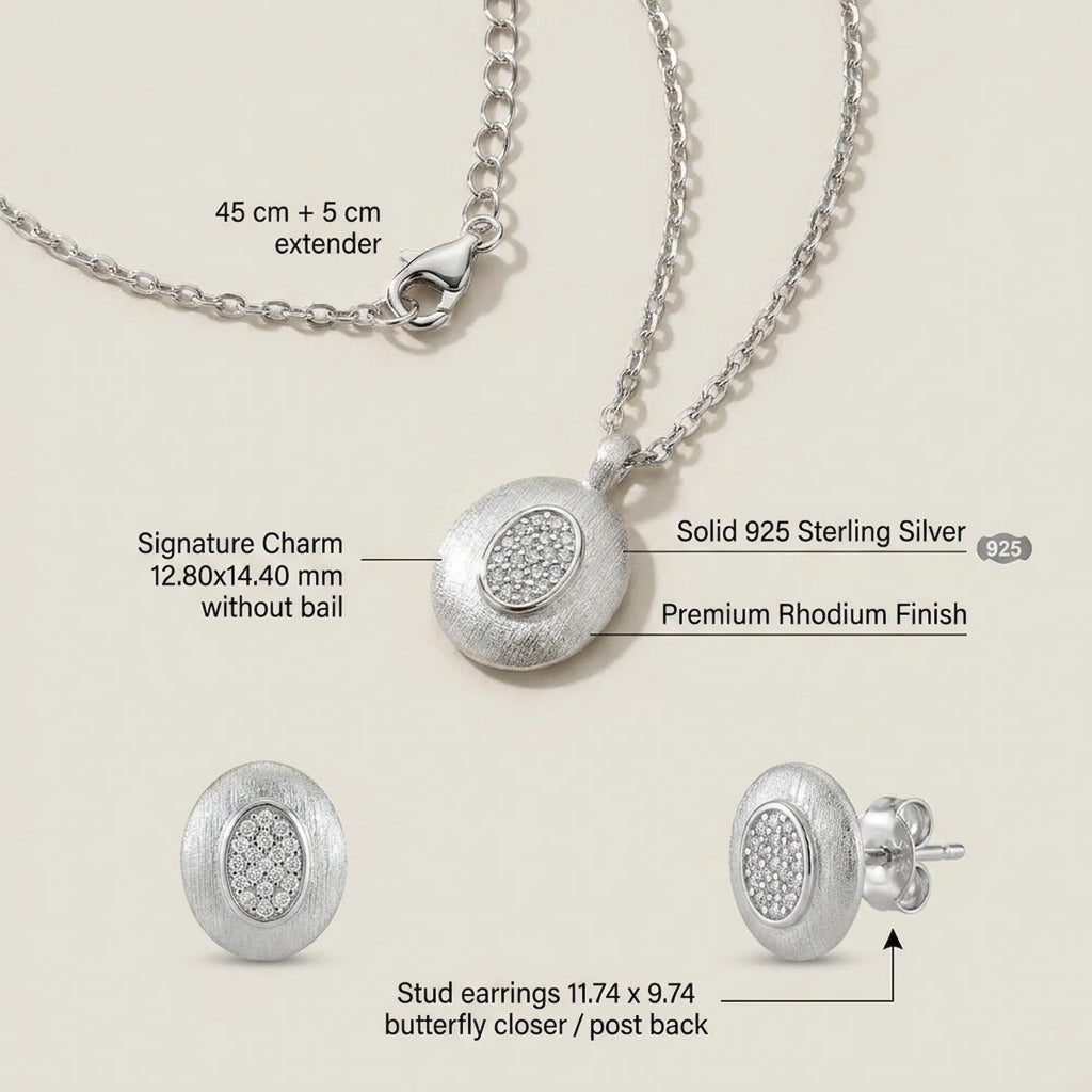 Feature breakdown of rhodium silver oval pendant earring set — 925 silver, dimensions and butterfly closer