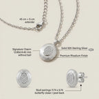Feature breakdown of rhodium silver oval pendant earring set — 925 silver, dimensions and butterfly closer