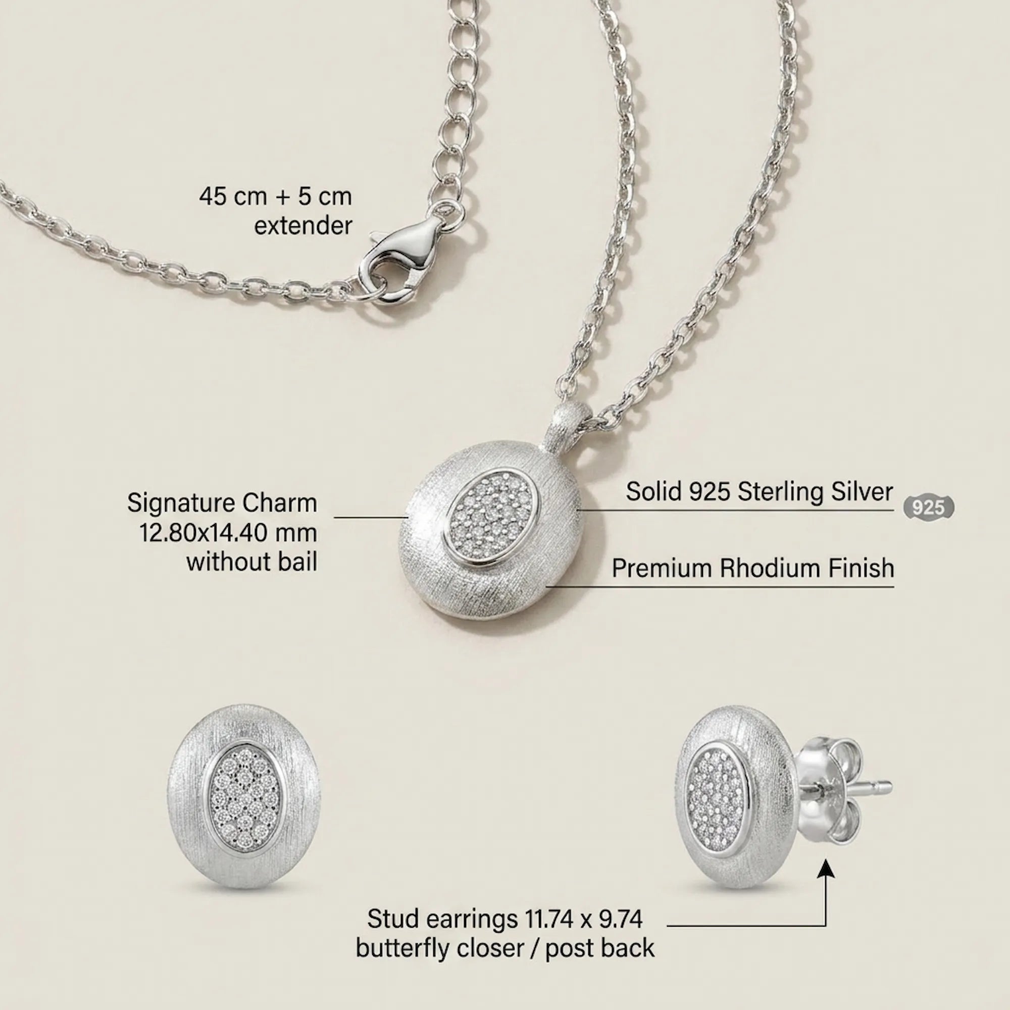Feature breakdown of rhodium silver oval pendant earring set — 925 silver, dimensions and butterfly closer