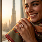 Woman wearing rose gold pavé heart ring with cubic zirconia in Dubai overlooking Burj Khalifa.