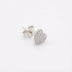 Side view of the pavé heart stud earring showing the polished post and butterfly back in 925 sterling silver.