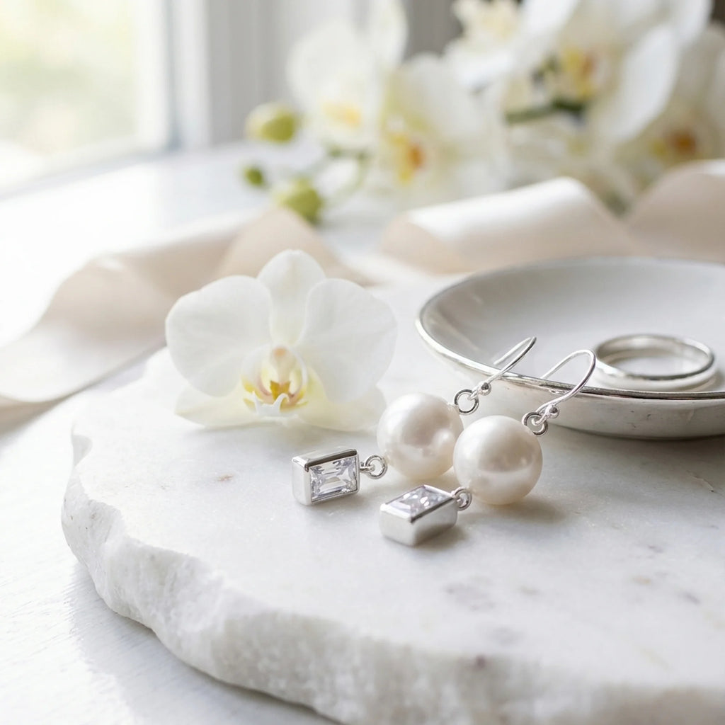 Silver pearl and rectangular cubic zirconia drop earrings beside a white orchid on marble