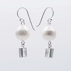 Two silver pearl drop earrings with rectangular cubic zirconia and shepherd hooks