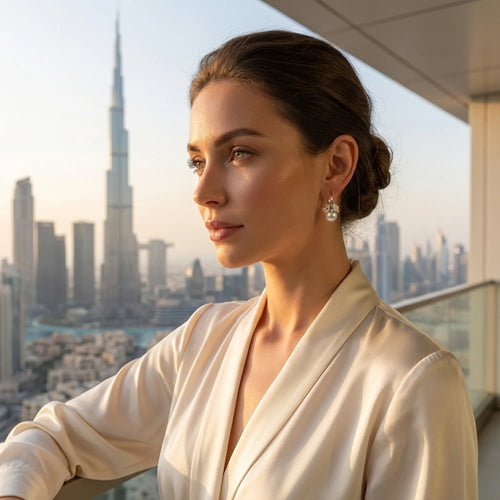 A woman in Dubai wears the 925 silver pearl flower huggie earrings, the Burj Khalifa rising in the skyline behind her.