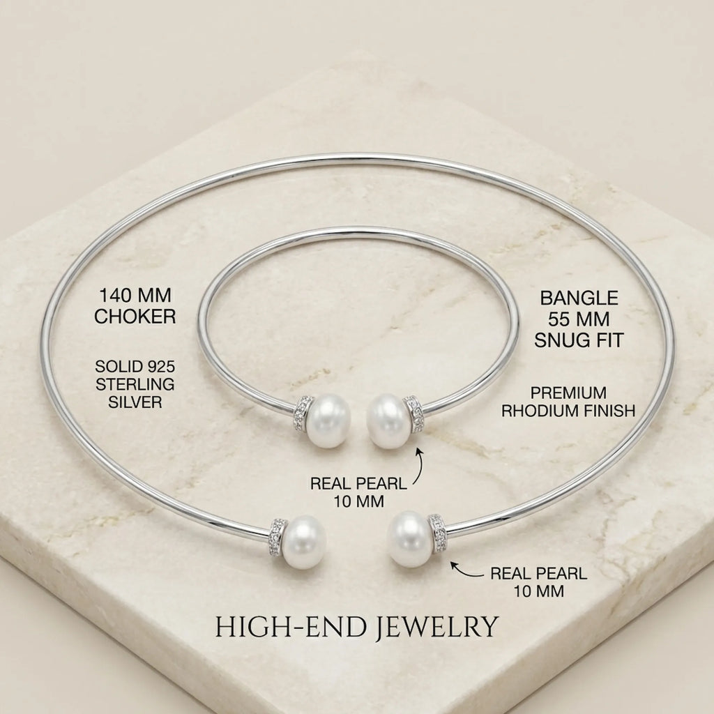 Technical breakdown of the pearl necklace set detailing the 140mm choker size, 55mm bangle fit, solid 925 silver material, and 10mm real pearls.