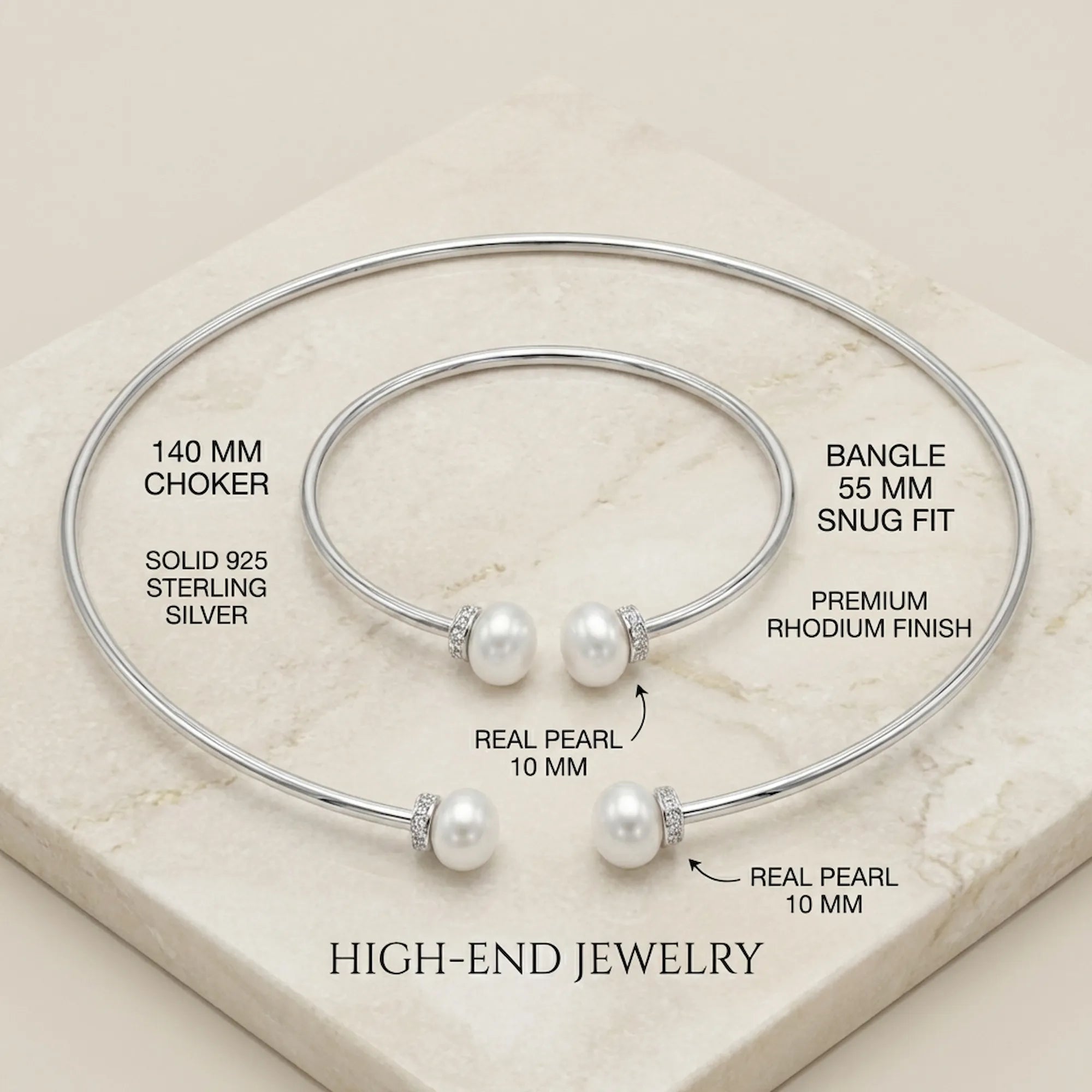 Technical breakdown of the pearl necklace set detailing the 140mm choker size, 55mm bangle fit, solid 925 silver material, and 10mm real pearls.