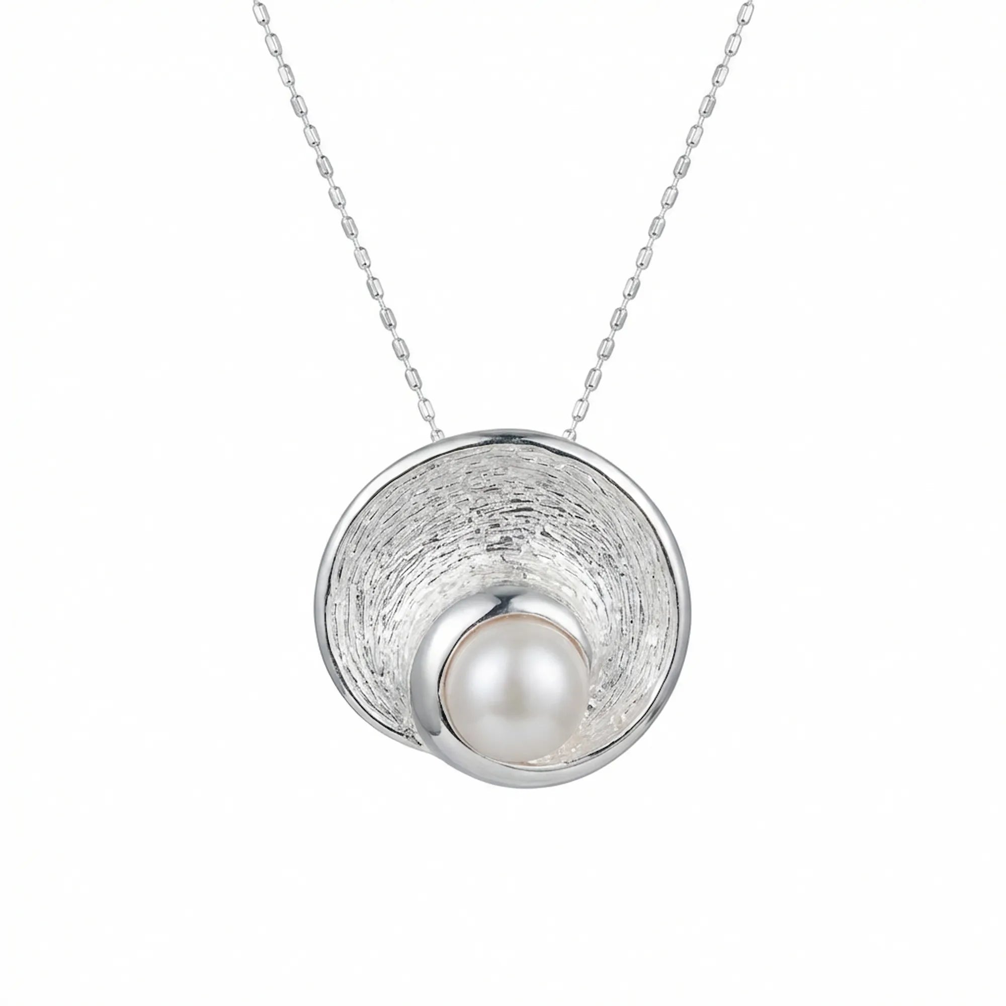 925 silver pearl vortex pendant necklace front view, textured disc with freshwater pearl centre