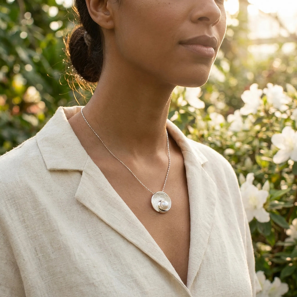 Pearl vortex pendant necklace by Luna Dura Dubai, worn over cream linen collar in natural light