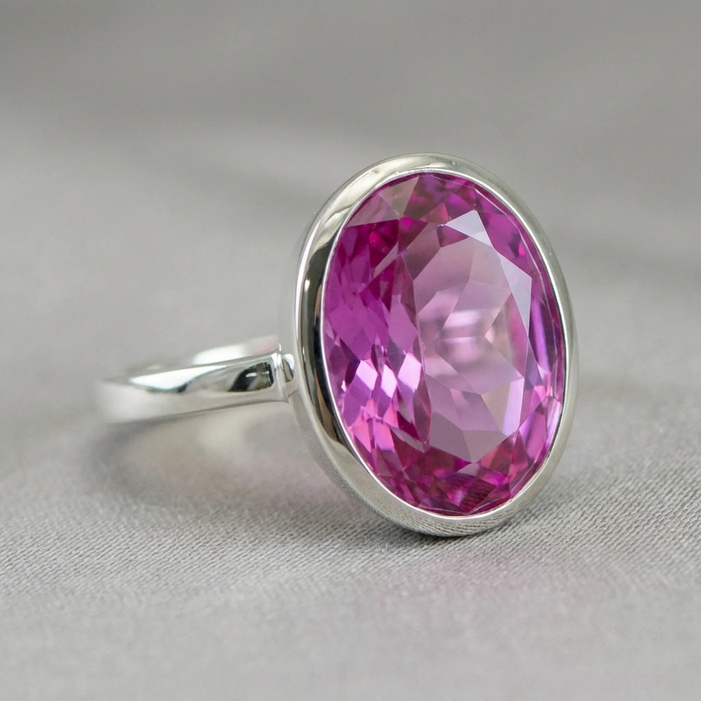 Close-up macro shot of the oval cut pink purple quartz, displaying the vibrant electric rose color and intricate light faceting.