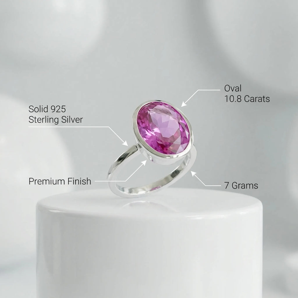 Infographic detailing the exact features of the Large Oval Pink Purple Quartz Ring, including the solid 925 sterling silver band and premium finish.