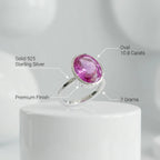 Infographic detailing the exact features of the Large Oval Pink Purple Quartz Ring, including the solid 925 sterling silver band and premium finish.
