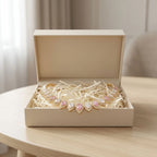 18k gold plated choker with alternating blush pink and white teardrop cubic zirconia displayed in a box in Dubai.